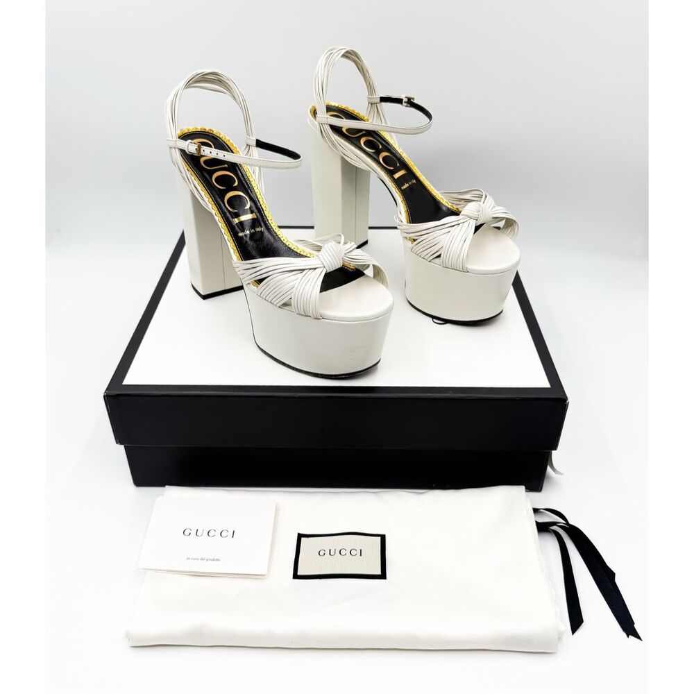 Gucci Allie Knotted Platform Sandals White Crawford Block High Heel EU 42 US 12